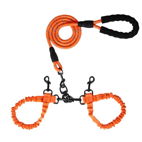 Doppelleine für Hunde, Seil-Bungee-Doppelleine mit gepolstertem Griff, abnehmbar für 2 Hunde, verhedderungsfrei, gepolsterte Griffe, um 360° drehbare Kontrolle (Orange, 2-Wege) von Y-ANNJYA