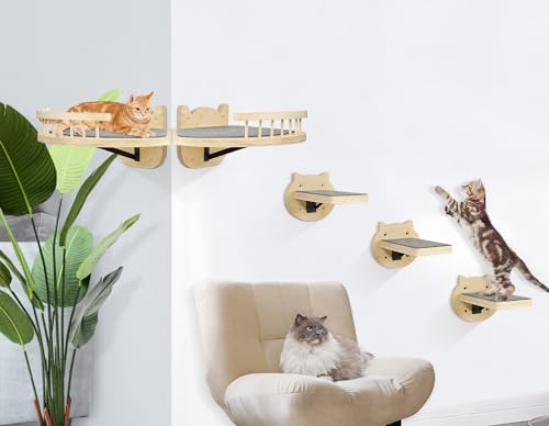 Katzenwandregale, Katzenregale und Sitzstangen für Wand, Holz Katzenregale Wandhalterung, Katzenwandmöbel mit 3 Katzenwandstufen Katzenkratzbaum, Burlywood Indoor Cat Climbing Shelf für Wohnzimmer, von Y&ME YM