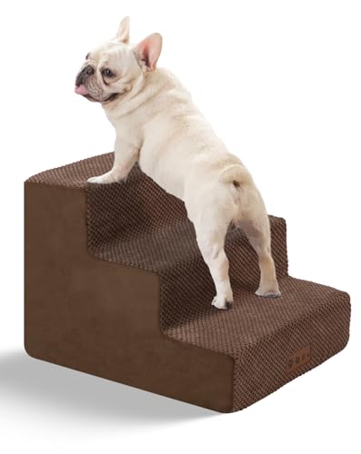 YAEM Braune Hundetreppe für kleine Hunde, Haustiertreppe für Betten und Couch, 35,6 cm H, Haustiertreppe mit rutschfester Unterseite und hochdichtem Schaumstoff, 3 Etagen von YAEM