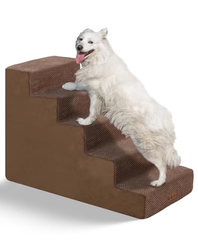 YAEM Hundetreppe für Hochbett, 5-stufige Haustiertreppe für große Hunde und alte Haustiere, Haustiertreppe mit abnehmbarem, waschbarem Bezug für Bett, Couch, Sofa und Auto, Braun, 58,4 cm H von YAEM