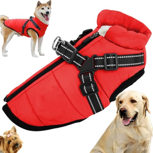 Sport – Wasserdichte Winterjacke mit integriertem Geschirr, Hundejacke mit Geschirr, kleiner Hundemantel mit integriertem Geschirr, reflektierende und verstellbare, bequeme Haustierweste ( Color : Red von YAERLE