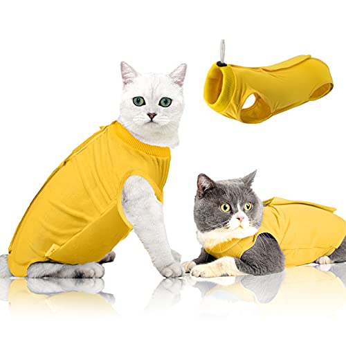 oUUoNNo Cat Wound Surgery Recovery Suit for Abdominal Wounds or Skin Diseases, After Surgery Wear, Pajama Suit, E-Collar Alternative for Cats and Dogs (S, Yellow) von YAMOOCO