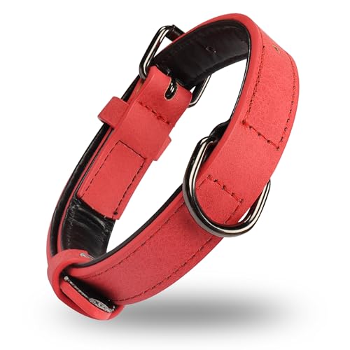 YAODHAOD Hundehalsband aus Weich Gepolstertem Leder für Hunde, Verstellbares Mikrofaser Hundehalsband Leder, Heavy Duty Hundehalsband für Kleine Mittel Große Hunde Welpen Katze (M, Rot) von YAODHAOD