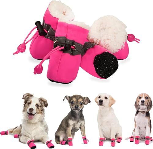 YAODHAOD Pfotenschutz für Hunde,Plüsch Hundestiefel, Bequeme Atmungsaktive, rutschfeste Schuhe, Weiche Sohle mit Reflektierendem Klebeband, Geeignet für kleine Hunde(Größe 3: 4 x 3 cm L*W, Rosa) von YAODHAOD