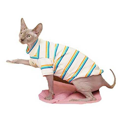 YAOER Haarlose Katze Sphinx Devon Hauskatzenkleidung Frühling und Sommer Baumwolle bequemes T-Shirt hypoallergen atmungsaktiv, Regenbogenstreifen, S- von YAOER