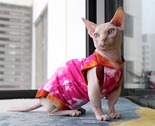 YAOER Haarlose Katze Sphinx Devon Haustier Katzenkleidung Sommer Baumwollweste bequem hautfreundlich atmungsaktiv, rosa Batik, S von YAOER