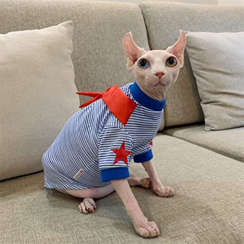 YAOER Haarlose Katze Sphinx Devon Katzenkleidung Baumwolle warm Frühling und Herbst dünnes T-Shirt bequem und atmungsaktiv, Blaue Streifen, XL von YAOER