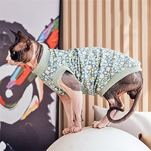 YAOER Haarlose Katze Sphinx Devon Katzenkleidung Frühling und Sommer dünnes Baumwoll-T-Shirt hautfreundlich, grün floral, XXL von YAOER