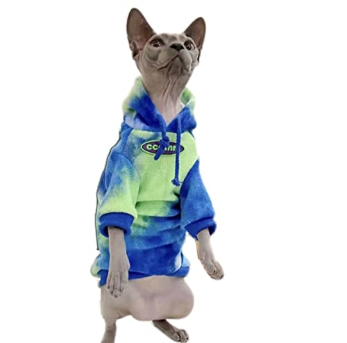 YAOER Haarlose Katze Sphinx Devon Kleidung Anti-Entfernung Dicker Winter Warmer Stretch Bequemer Tie-Dye Polarfleece-Pullover, Blau-Grüner Tie-Dye, XS von YAOER