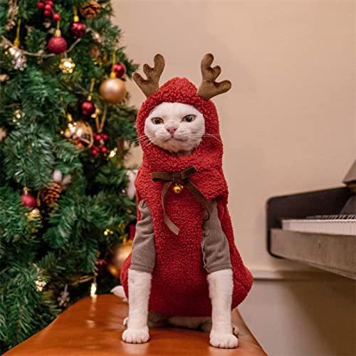 YAOER Haarlose Katze Sphinx Devon Kleidung Plus Samt Dicker Warmer Weihnachtselch Neujahrsweste, rote Weste + braunes Hemd, M- von YAOER