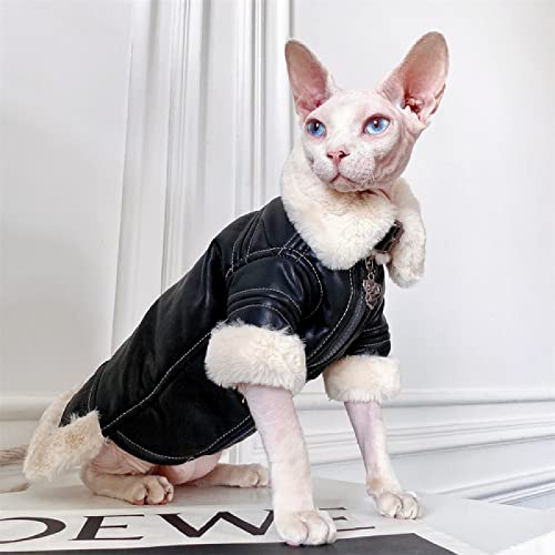 YAOER Haarlose Katze Sphinx Devon Kleidung Weihnachten Herbst Winter Motorrad Lederjacke Fell Thermomantel,Schwarz,XXL von YAOER