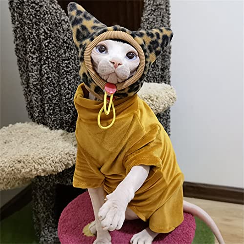 YAOER Haarlose Katze Sphinx Devon Kleidung Weihnachten Herbst und Winter Stretch warme und Bequeme 4-Bein-Jacke, Mütze mit Leopardenmuster, S von YAOER