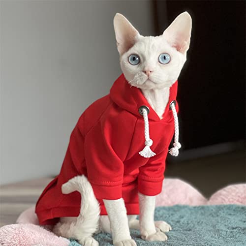 YAOER Sphinx Haarlose Katze Kleidung Devon Baumwolle Dünnschliff Hellrot Festlicher Frühling und Herbst Warmes Bodenhemd Kapuzenpullover,Rot,M von YAOER