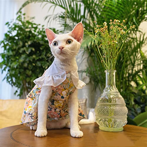 YAOERHaarlose Katze Sphinx Devon Katzenkleidung Sommer männlich süße Baumwolle faltenfreies Kleid, kleine Blume, M- von YAOER