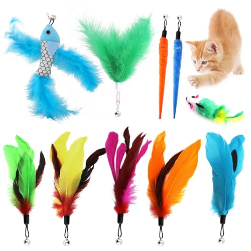 YAOSHENGUP 10 Stück Katzenspielzeug Feder Katzenangel Ersatzfedern Anhänger Federn mit Glocken Interaktives Katzenspielzeug Feder Cat Feather Toys Ersatz Katzenspielzeug Set für Kätzchen und Katzen von YAOSHENGUP