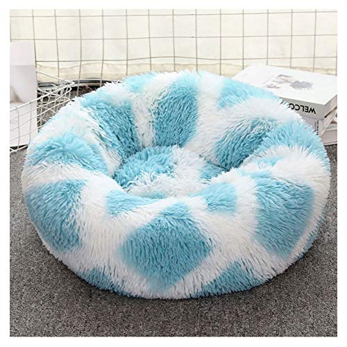 YAOTT Hundebett Plüsch Dount Katzenbett Rund Welpen-Bett Tragbare Warme Weiche Bequeme Hund Bett Haustierbett Rutschfestes Waschbar Hundekorb Blau Weiss D50cm von YAOTT