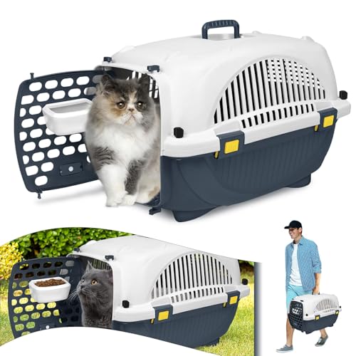 YARDIN 61 x 37 x 37 cm Katze Hundebox Katzenbox, Katzentransportbox Transportbox Hund mit Tragegriff und Napf, Transportbox aus Kunststoff für Kleine Haustiere bis zu 10 kg von YARDIN