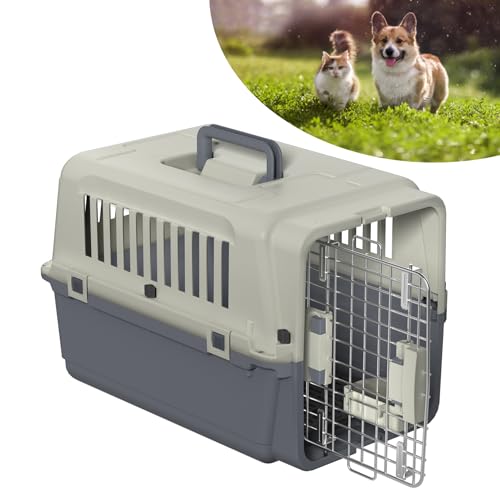 YARDIN Hundebox Flugzeugbox Kunststoff Transportbox für Hunde und Katzen 60×39.5×44cm Hundetransportbox Katzentransportbox mit Futterbehälter und Urinabstandshalter Tiertransportbox, Dunkelgrau von YARDIN