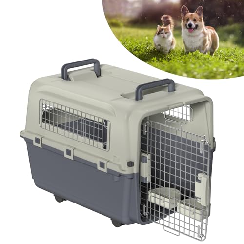 YARDIN Hundebox Flugzeugbox Kunststoff Transportbox für Hunde und Katzen 67x51x58.5cm Hundetransportbox Katzentransportbox mit Futterbehälter und Urinabstandshalter Tiertransportbox, Dunkelgrau von YARDIN