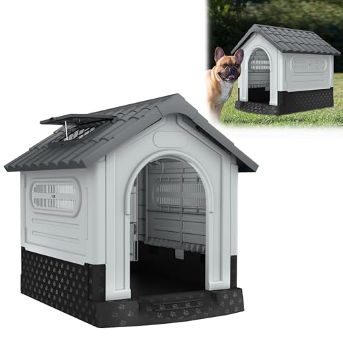 YARDIN Hundehütte aus Kunststoff mit Erhöhtem Boden, Dachfenster und Belüftung 79.5×70.5×78cm Wasserdicht und Isoliert Haustierhaus Plastik Haustierhütte für Innen- und Außenbereich, Grau und Weiß von YARDIN