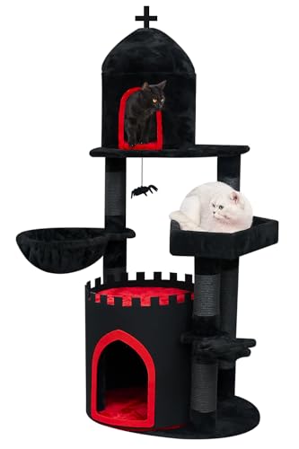 YARUOMY Gothic-Katzenbaum-Schloss, 142,2 cm, schwarzer Katzenturm mit Sarg, Katzenbett, geräumige Katzenhütte für Halloween-Katze, Kraftschnur, Kratzbäume, Spinnen-Hängeball, Gothic-Haustiermöbel von YARUOMY