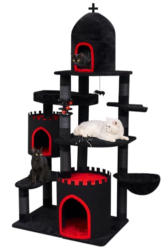 YARUOMY Gothic-Katzenbaum-Schloss, 175 cm, schwarzer hoher Katzenturm mit Sarg-Katzenbett, geräumige Katzenhütte für große Katzen, Kratzbäume, Spinnen-Hängeball, Korb, Katzenball-Spielzeug von YARUOMY