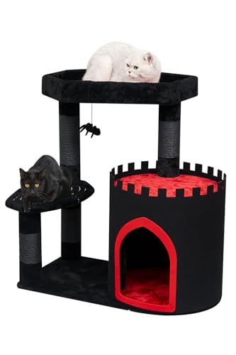 YARUOMY Gothic-Katzenbaum-Schloss, schwarzer Katzenturm mit Sarg-Katzenbett, geräumige Katzenhütte für Halloween-Katze, Kraftschnur, Kratzbäume, Spinnen-Hängeball, Gothic-Haustiermöbel (groß) von YARUOMY