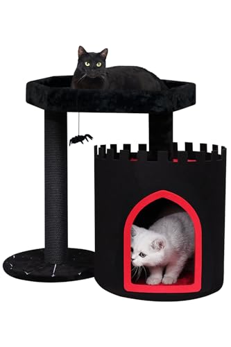 YARUOMY Gothic-Katzenbaum-Schloss, schwarzer Katzenturm mit Sarg-Katzenbett, geräumige Katzenhütte für Halloween-Katze, Kraftschnur, Kratzbäume, Spinnen-Hängeball, Gothic-Haustiermöbel (klein) von YARUOMY