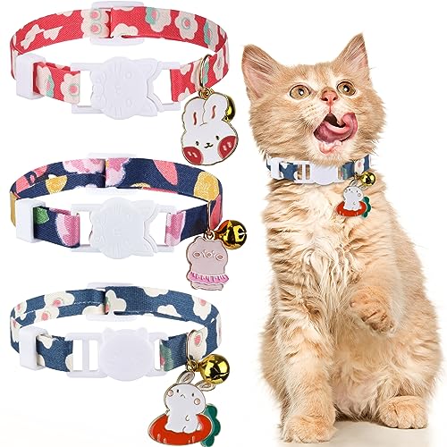 YASUOA 3 Stück Breakaway Katzenhalsband, abnehmbares Katzenschleifenhalsband mit Glocke, Schnellverschluss, Katzenhalsbänder, verstellbares Sommer-Frucht-Halsband mit Schnalle, geeignet für Kätzchen, von YASUOA