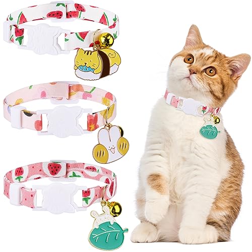 YASUOA 3 Stück Breakaway Katzenhalsband, abnehmbares Katzenschleifenhalsband mit Glocke, Schnellverschluss, Katzenhalsbänder, verstellbares Sommer-Frucht-Halsband mit Schnalle, geeignet für Kätzchen, von YASUOA