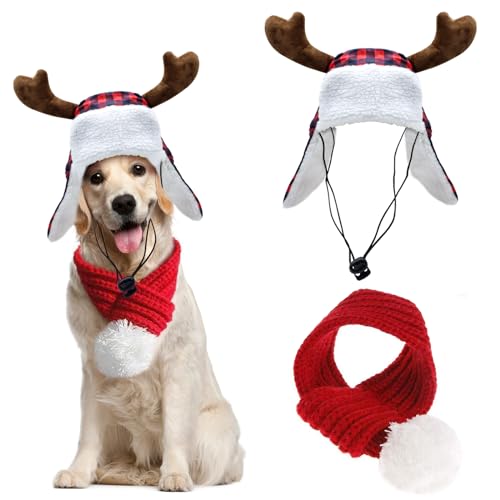 Weihnachtliches Geweih kariert Hund Nikolausmütze und Xmas Pet Red Knit Schal mit weißem Pompon Ball – Winter Halswärmer und festliche Party Verkleiden für Haustiere (Large) von YASUTGAS