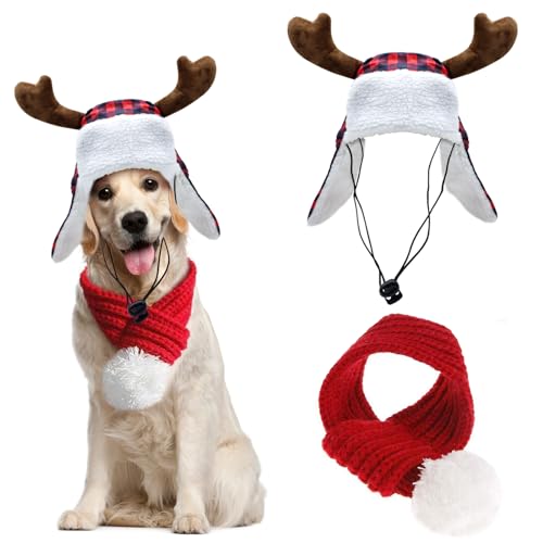 Weihnachtliches Geweih kariert Hunde Kostüm Nikolausmütze und Xmas Pet Red Knit Schal mit weißem Pompon Ball – Winter Halswärmer und festliche Party Verkleiden für Haustiere (Medium) von YASUTGAS