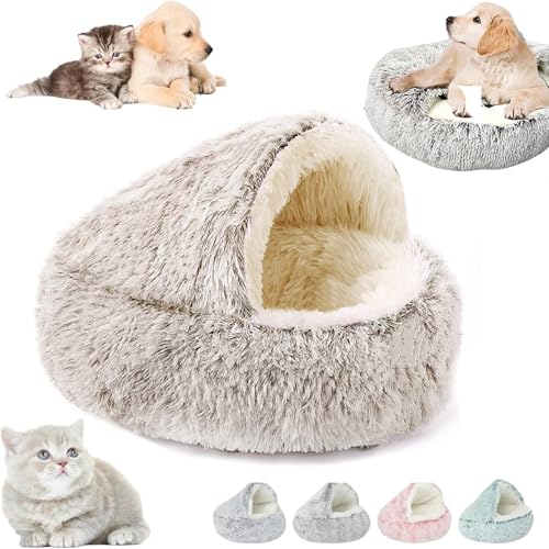 Lapcatz Nestbett, beruhigendes Nest für Hunde und Katzen, Katzenbett, rund, flauschig, mit Kapuze, beruhigende Katzenbetthöhle, halbgeschlossenes Haustiernest, gemütliches Winterbett (L,Coffee) von YAUWIHE