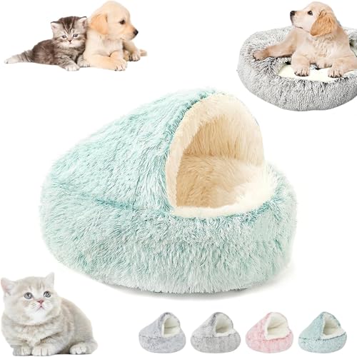 Lapcatz Nestbett, beruhigendes Nest für Hunde und Katzen, Katzenbett, rund, flauschig, mit Kapuze, beruhigende Katzenbetthöhle, halbgeschlossenes Haustiernest, gemütliches Winterbett (L,Green) von YAUWIHE