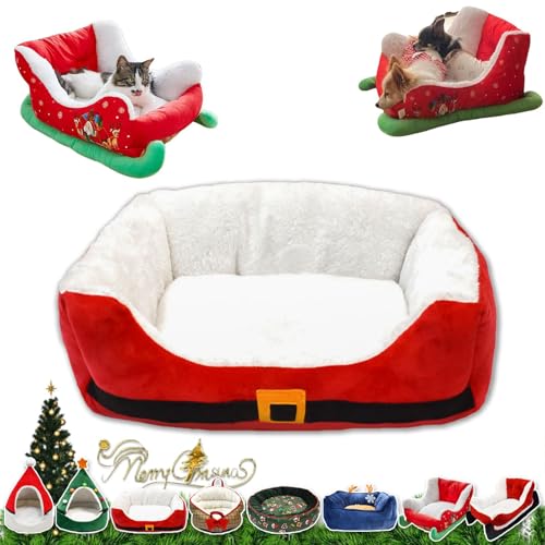 YAUWIHE Katzenschlittenbett, Weihnachtsschlitten-Katzenbett, Weihnachtsschlitten-Hundebett mit Rutschfester Unterseite, interessantes rotes Weihnachtskatzen-Hundebett, waschbares Haustierbett (B) von YAUWIHE