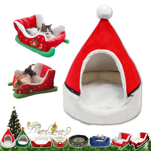 YAUWIHE Katzenschlittenbett, Weihnachtsschlitten-Katzenbett, Weihnachtsschlitten-Hundebett mit Rutschfester Unterseite, interessantes rotes Weihnachtskatzen-Hundebett, waschbares Haustierbett (C) von YAUWIHE