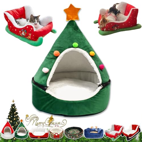 YAUWIHE Katzenschlittenbett, Weihnachtsschlitten-Katzenbett, Weihnachtsschlitten-Hundebett mit Rutschfester Unterseite, interessantes rotes Weihnachtskatzen-Hundebett, waschbares Haustierbett (D) von YAUWIHE