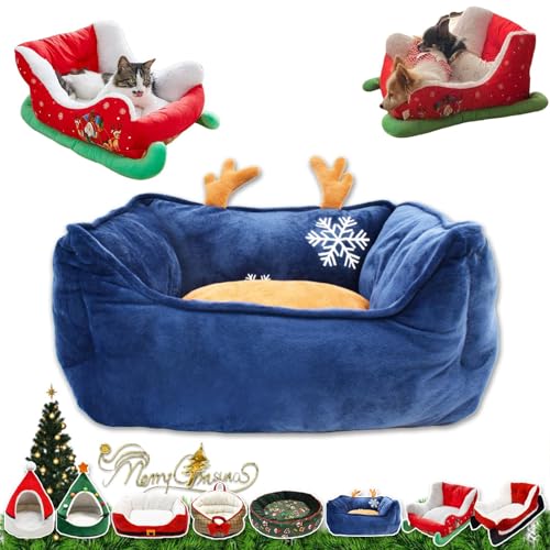 YAUWIHE Katzenschlittenbett, Weihnachtsschlitten-Katzenbett, Weihnachtsschlitten-Hundebett mit Rutschfester Unterseite, interessantes rotes Weihnachtskatzen-Hundebett, waschbares Haustierbett (E) von YAUWIHE