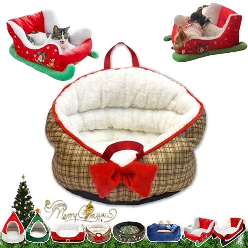 YAUWIHE Katzenschlittenbett, Weihnachtsschlitten-Katzenbett, Weihnachtsschlitten-Hundebett mit Rutschfester Unterseite, interessantes rotes Weihnachtskatzen-Hundebett, waschbares Haustierbett (F) von YAUWIHE