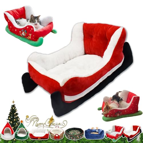 YAUWIHE Katzenschlittenbett, Weihnachtsschlitten-Katzenbett, Weihnachtsschlitten-Hundebett mit Rutschfester Unterseite, interessantes rotes Weihnachtskatzen-Hundebett, waschbares Haustierbett (G) von YAUWIHE