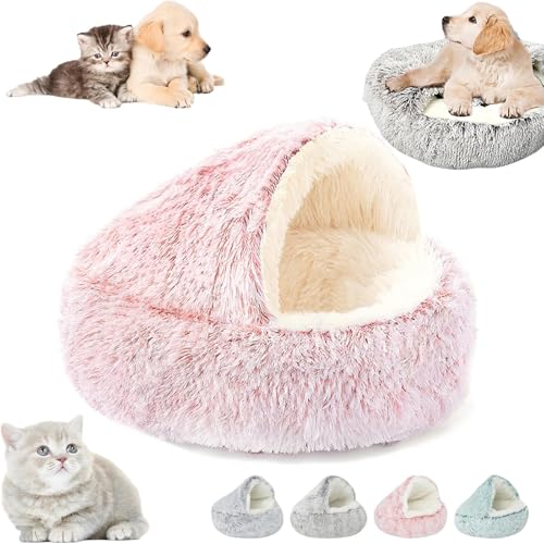 YAUWIHE Lapcatz Nestbett, beruhigendes Nest für Hunde und Katzen, Katzenbett, rund, flauschig, mit Kapuze, beruhigende Katzenbetthöhle, halbgeschlossenes Haustiernest, gemütliches Winterbett (L,Pink) von YAUWIHE