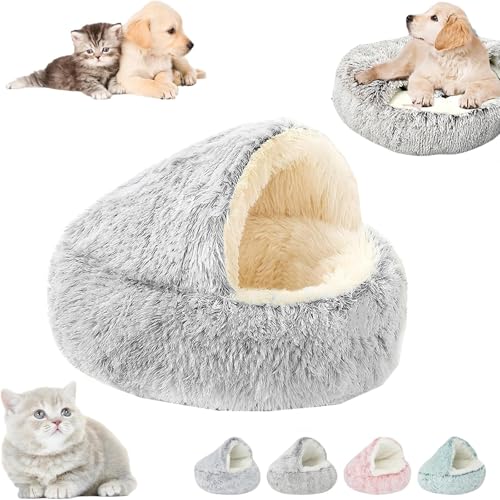 YAUWIHE Lapcatz Nestbett, beruhigendes Nest für Hunde und Katzen, Katzenbett, rund, flauschig, mit Kapuze, beruhigende Katzenbetthöhle, halbgeschlossenes Haustiernest, gemütliches Winterbett (M,Grey) von YAUWIHE