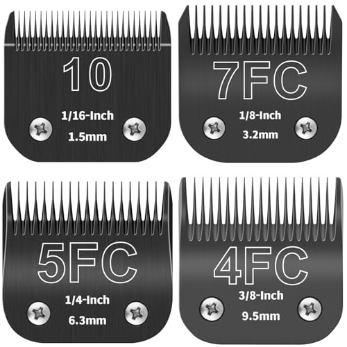 YAZIYIR 10# 7FC 5FC 4FC Abnehmbare Fellpflege-Klingen für Haustiere, kompatibel mit Ainds, Oster A5, Wahl KM-10 und anderen Serien Schermaschinen, Größe: 1,5 ~ 9,5 mm Schnittlänge, Schwarz, 4 Stück von YAZIYIR