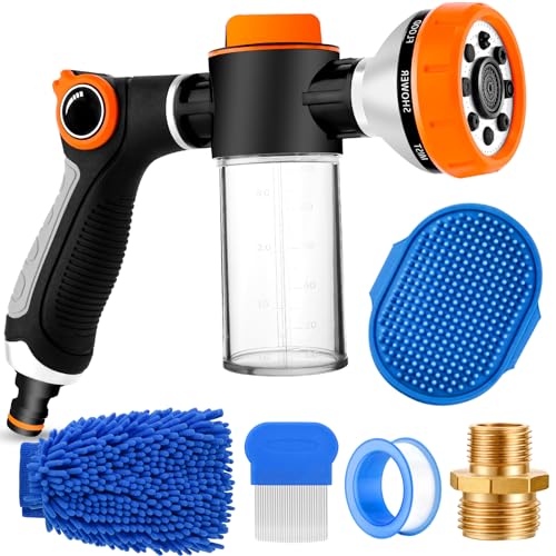 2 in 1 Hundedusche Aufsatz für Indoor & Outdoor, 8 Sprayer Mode Pup Jet Hund Waschschlauch Aufsatz mit Seifenspender, Haustierbürste, Autowaschhandschuh, Ideal für Bewässerung Pflanze, Autowäsche, von YCCOKJJ