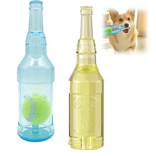 YCYATS Bierflasche zum Kauen für Haustiere mit Tennisball, schwimmendes Kauspielzeug für Hunde, interaktives quietschendes Hundespielzeug für Aggressive Kauer (Blau+Gelb, Kleine) von YCYATS