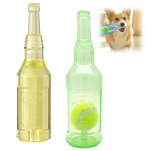 YCYATS Bierflasche zum Kauen für Haustiere mit Tennisball, schwimmendes Kauspielzeug für Hunde, interaktives quietschendes Hundespielzeug für Aggressive Kauer (Grün+Gelb, L) von YCYATS