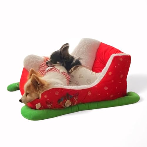 YCYATS Christmas Dog Bed, Festive Plush Cosy Dog Bed Christmas Sleigh, Warm und Weich mit Festlicher Atmosphäre (63 × 45 × 33 cm) von YCYATS