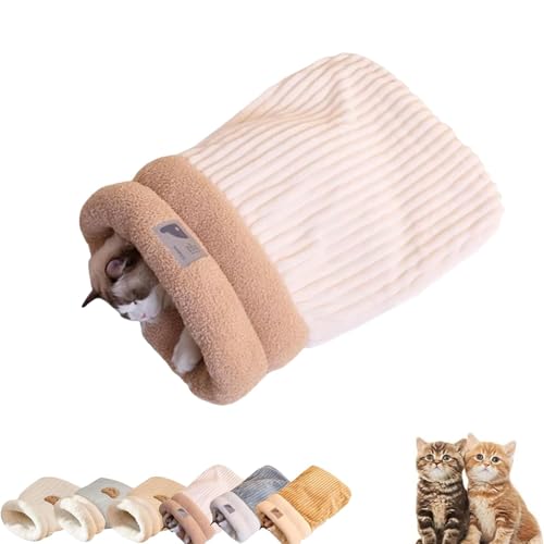 YCYATS Petsboro Purrnest Schlafsack, gemütlicher Katzenschlafsack für Hauskatzen, halbgeschlossenes Kunstfell, 360° Warmer weicher Plüsch mit Höhle (Beige -A, L) von YCYATS