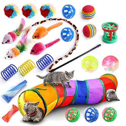 YCYUYK Katzenspielzeug Sortiert Set Langlebiges Interaktives Katzenspielzeug, Katzenstab, Glockenball, Maus Frühling Katzentunnel, Variety Pack für Kitty Baumwollball Kätzchen Spielzeug Combo Set-24 von YCYUYK