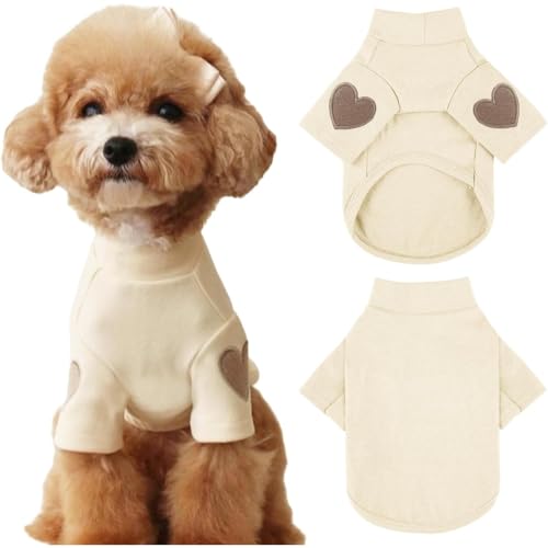 Hunde-Sweatshirt für kleine und mittelgroße Hunde, Hundekleidung, Haustier-T-Shirt, einfarbig, Welpenbekleidung für kleine Hunde, warmes Haustier-T-Shirt mit Herzaufdruck, Katze (Beige, L) von YEHOOM